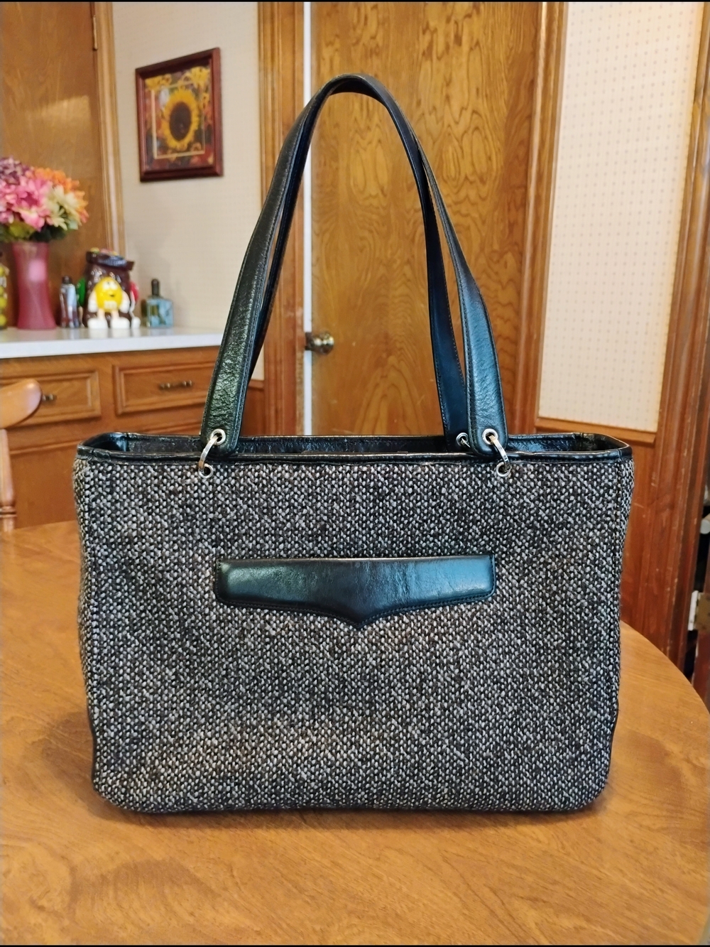 Vintage Ann Taylor Black And White Tweed Leather Tote Bag With Paisley Lining